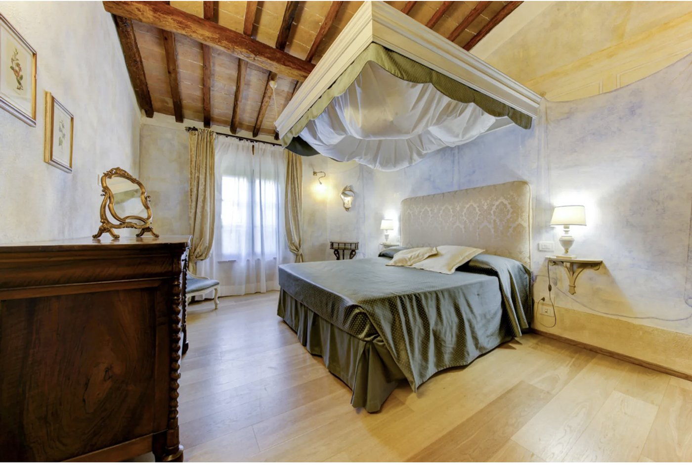 Bedroom with sage canopy